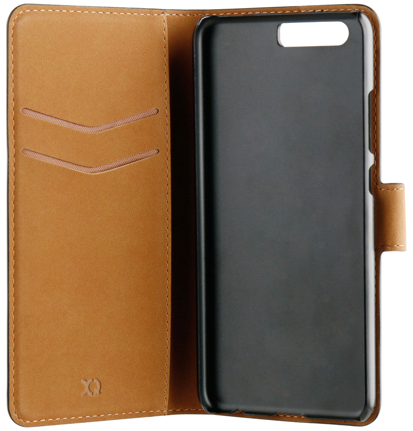 An open brown leather phone case. The left side has card slots, the right side is for the phone. Black interior.