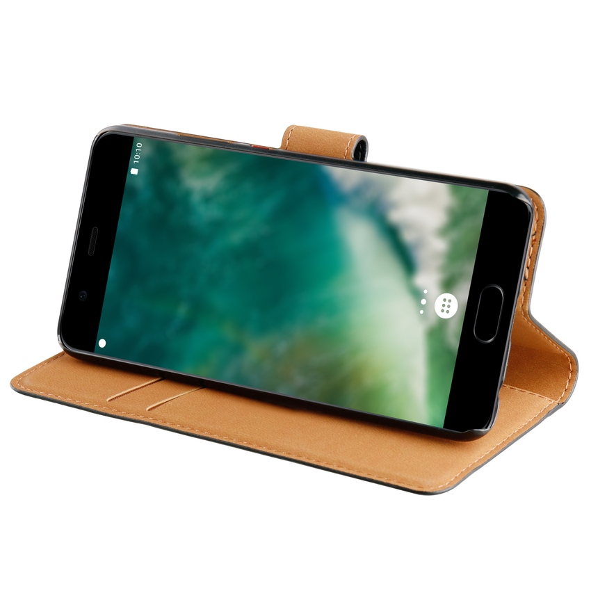 A smartphone in a brown leather case is displayed. The screen shows a blurred image. The case is open, revealing the phone and interior.