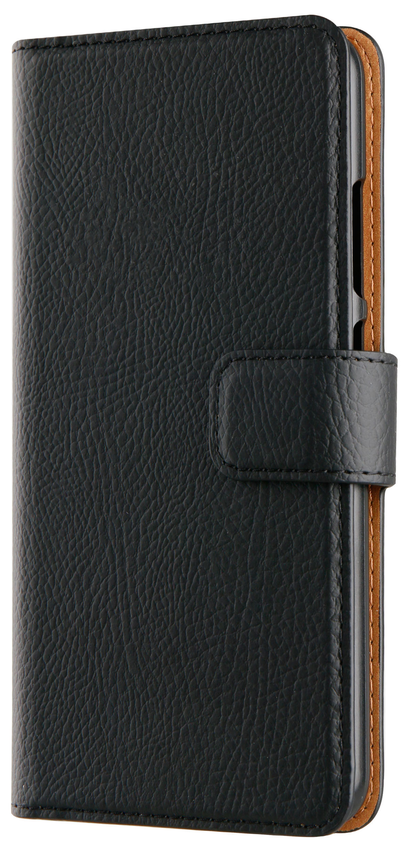 A black leather phone case is shown. It's closed with a magnetic clasp. The inside has a tan border.