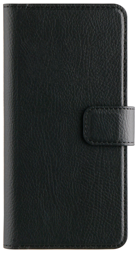 A black leather phone case with a magnetic clasp is isolated on a white background. The leather has a textured surface.