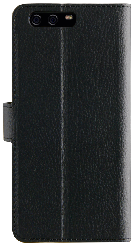 A black leather phone case with visible camera lenses and a magnetic closure tab on a white background.