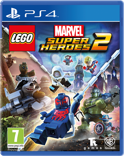 PS4-Spielcover: LEGO Marvel Super Heroes 2. Charaktere: Spider-Man 2099, Hulk, Rocket, Groot und andere.