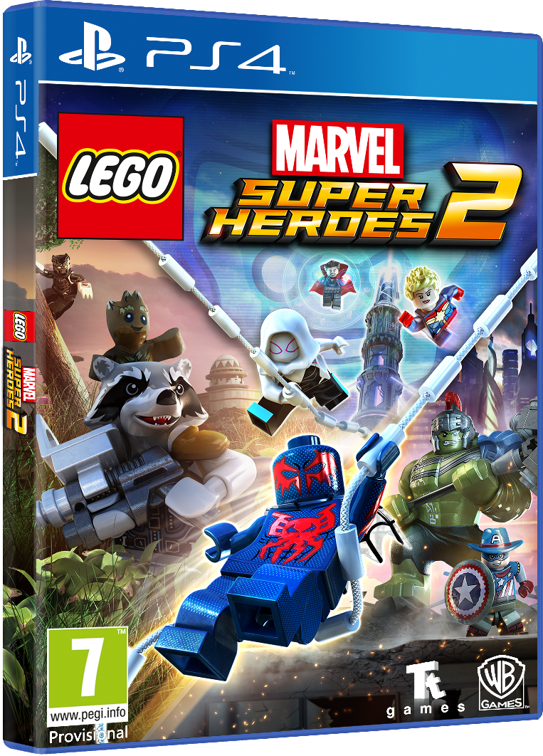 Lego Marvel Super Heroes 2 Spielcover. Es zeigt Lego-Charaktere in Aktion.