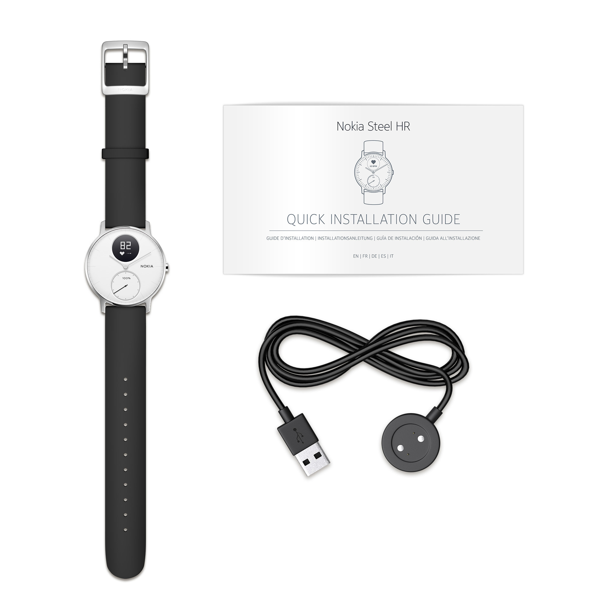 NOKIA Activité STEEL HR Fitnesstracker Edelstahl Silikonband, 36 mm, Schwarz/Weiß