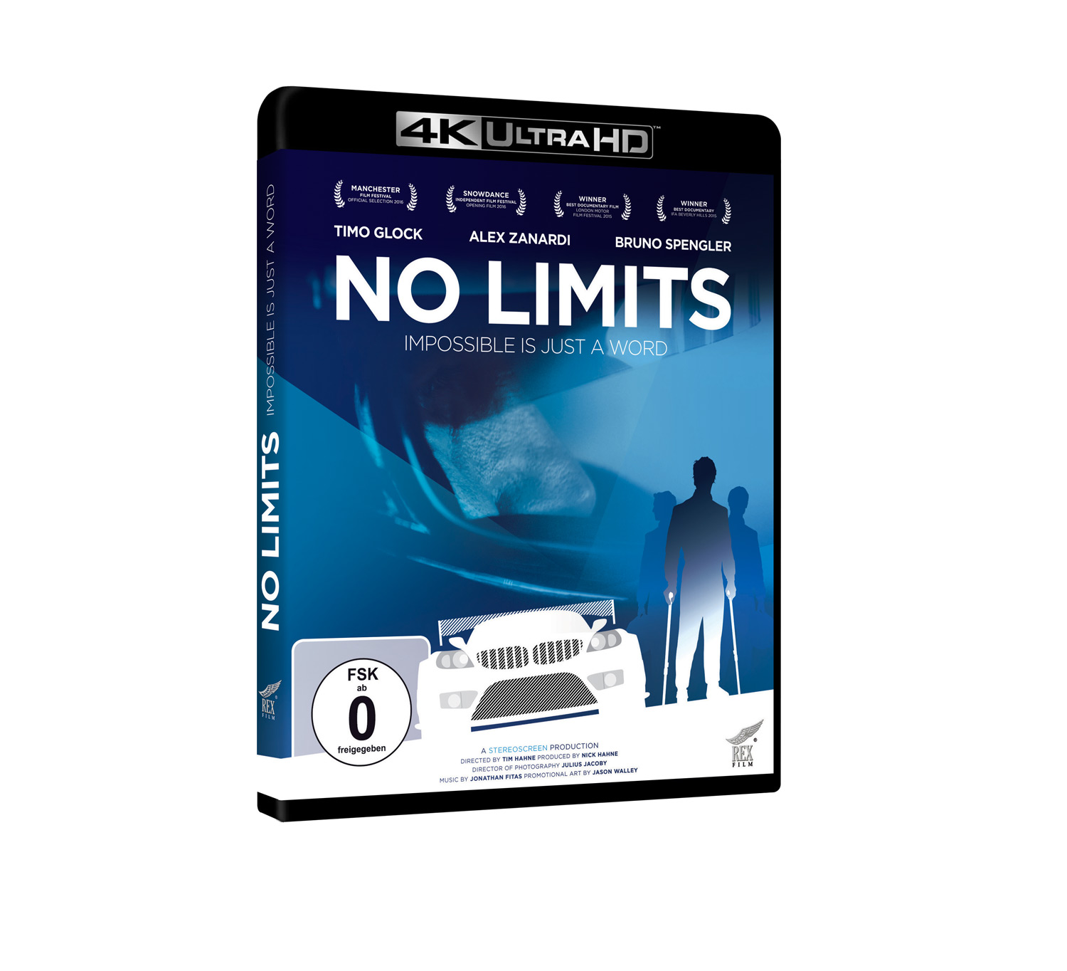 Eine 4K Blu-ray Disc des Films "No Limits" mit einem Auto, Schauspielernamen und einer Männersilhouette.