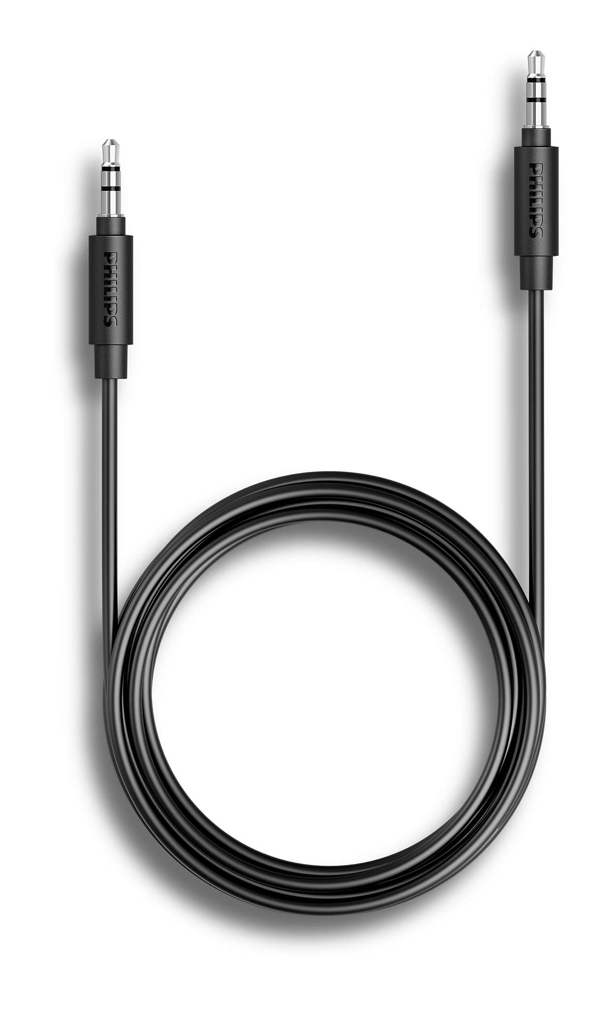 Ein schwarzes Audiokabel mit silbernen Anschlüssen auf weißem Hintergrund, aufgerollt.