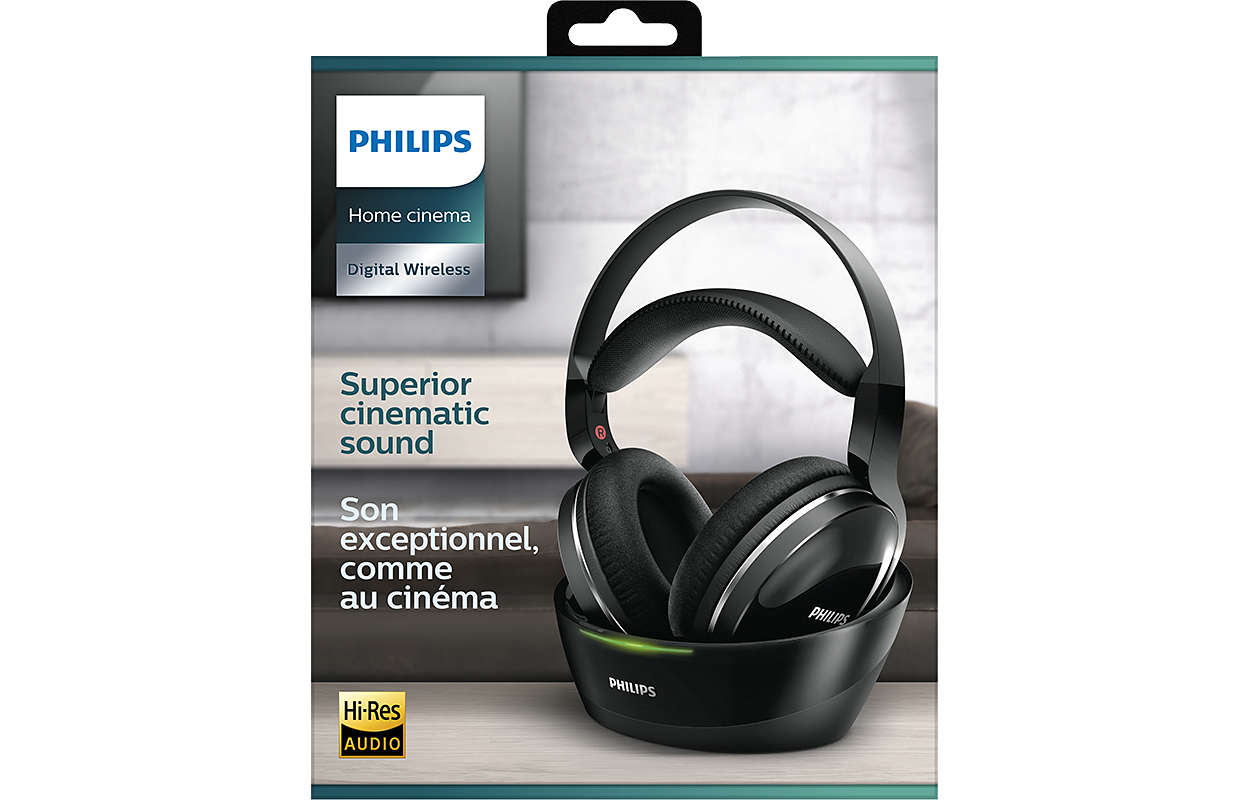 Kabellose Philips-Kopfhörer auf schwarzer Ladestation, mit Verpackung.