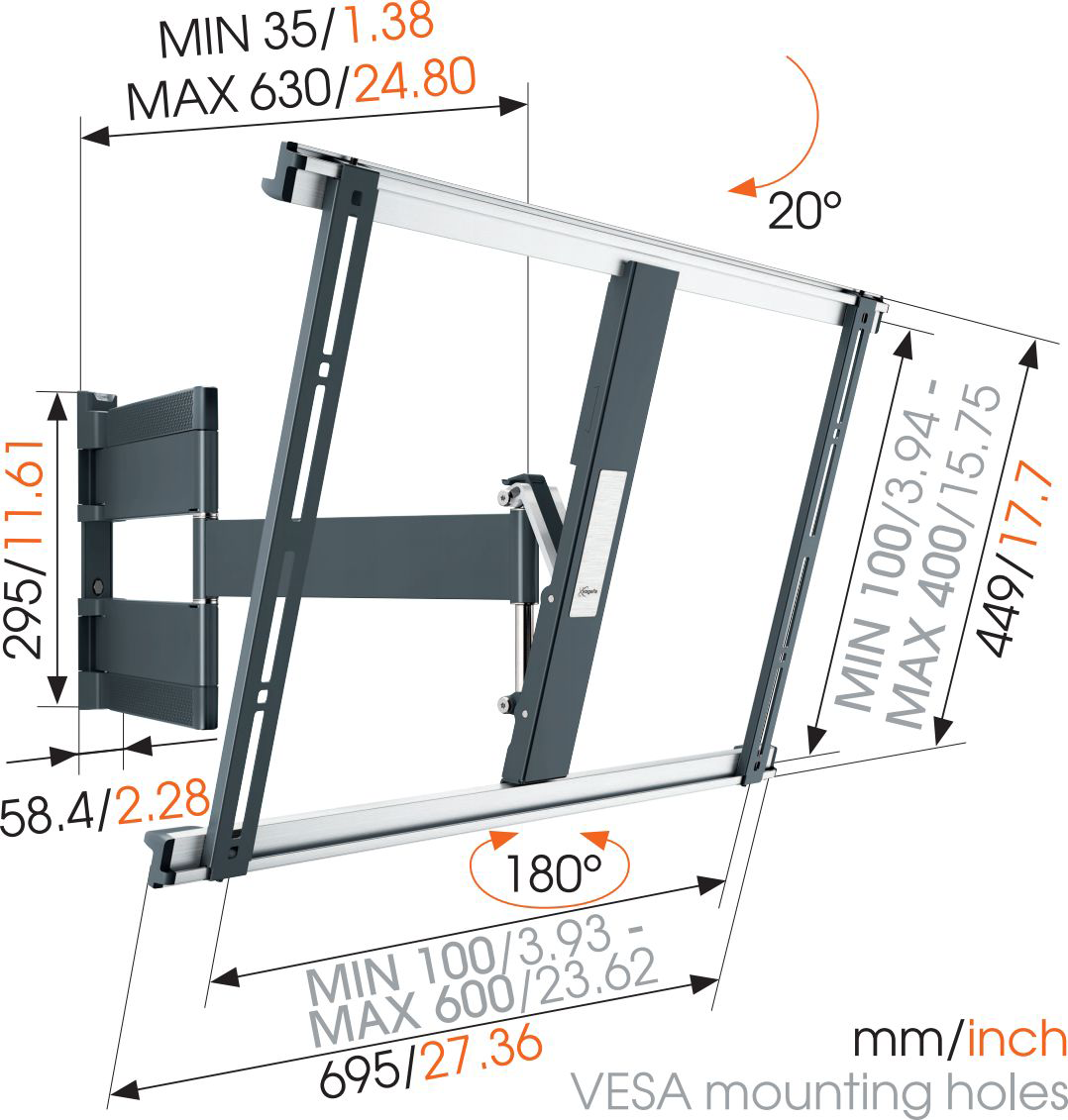 Technische tekening van een VESA-beugel voor een tv. Afmetingen en hoeken zijn in mm en inches aangegeven.