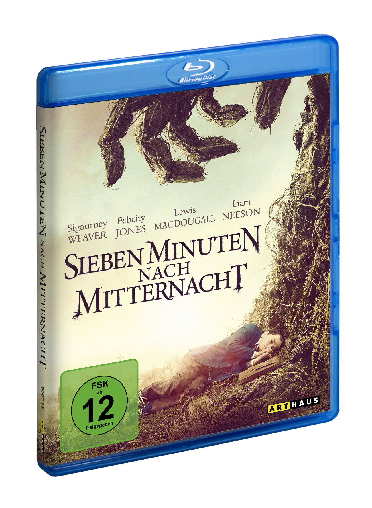 Blu-ray-Filmhülle mit einer surrealen Hand, die nach einem schlafenden Jungen greift, auf weißem Hintergrund.