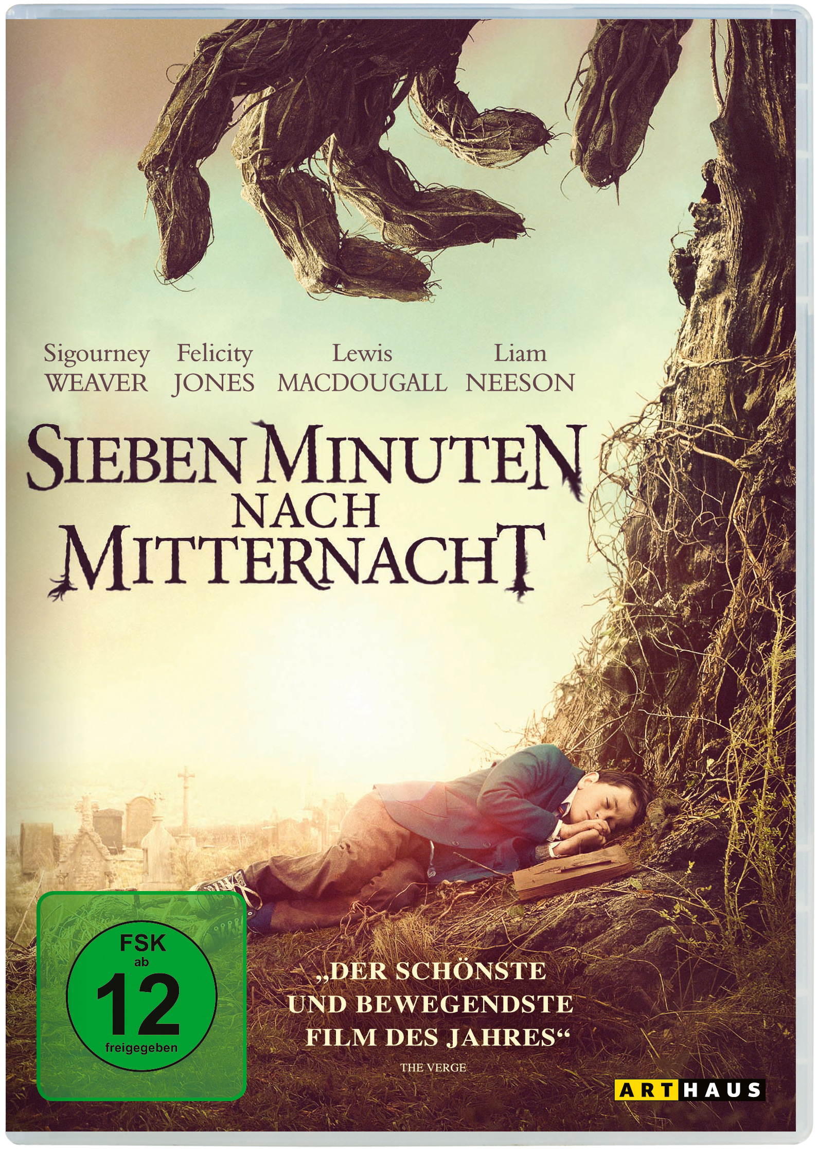 Filmposter, ein Junge liegt auf dem Boden, ein Baum mit einer Hand über ihm. Text: Sieben Minuten nach Mitternacht.