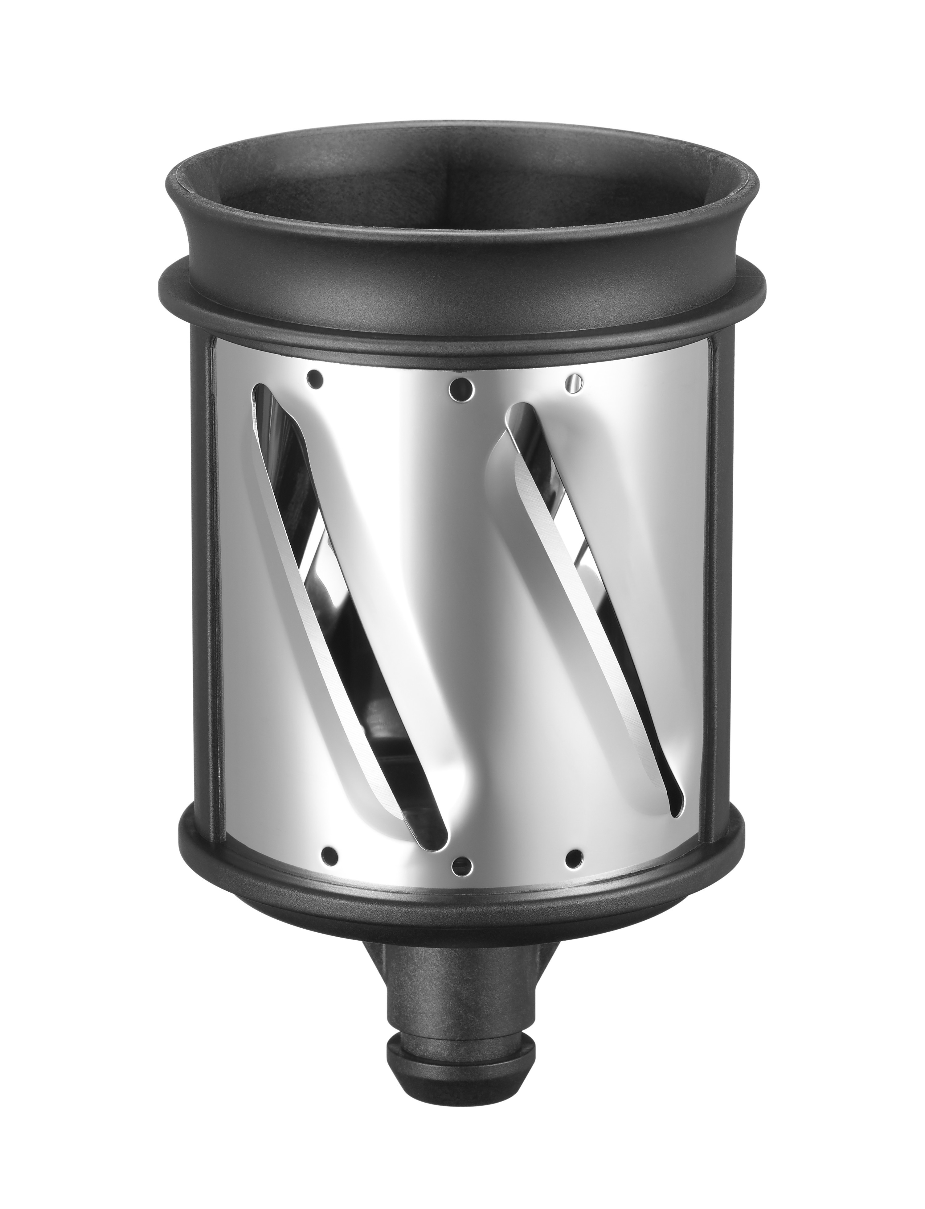 Metal KitchenAid-Fleischwolfaufsatz mit schwarzem Sockel und Deckel. Metallteil mit diagonalen Schlitzen.