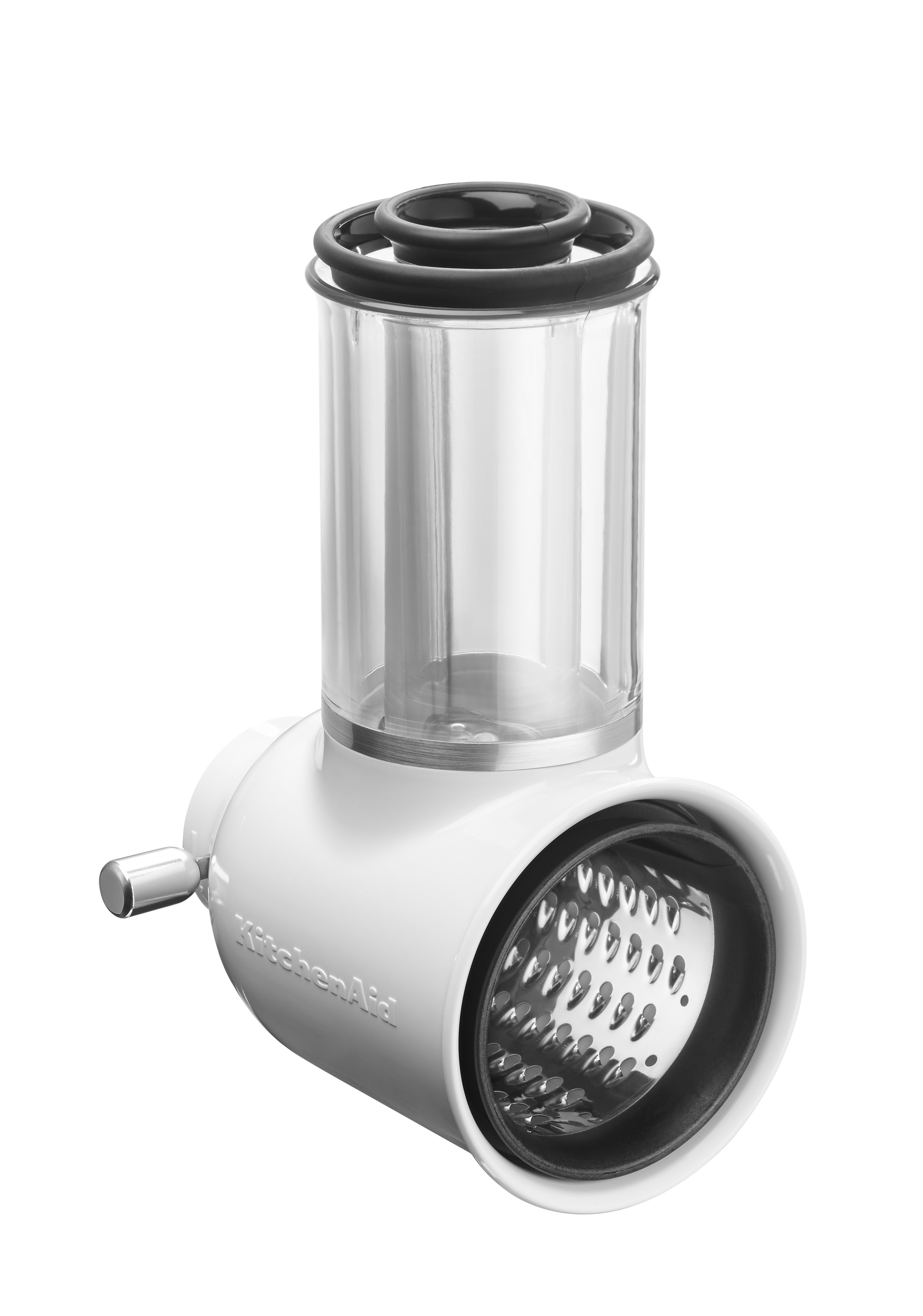 Ein KitchenAid-Lebensmittelwolf-Aufsatz. Klarer Kunststoff hält den Zerkleinerer.