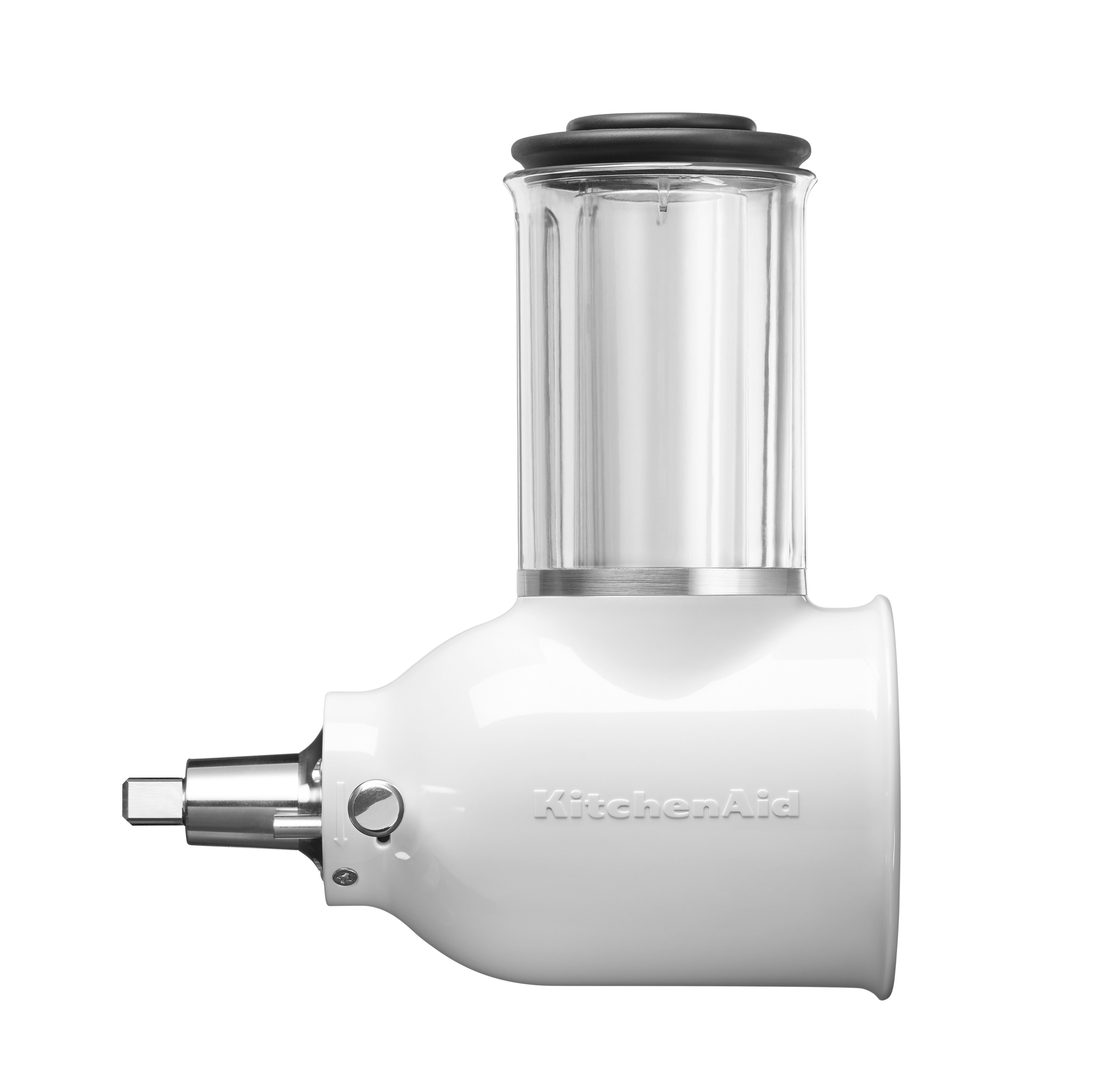 Ein weißer KitchenAid-Aufsatz mit klarem, zylindrischem Aufsatz und silbernem Sockel.