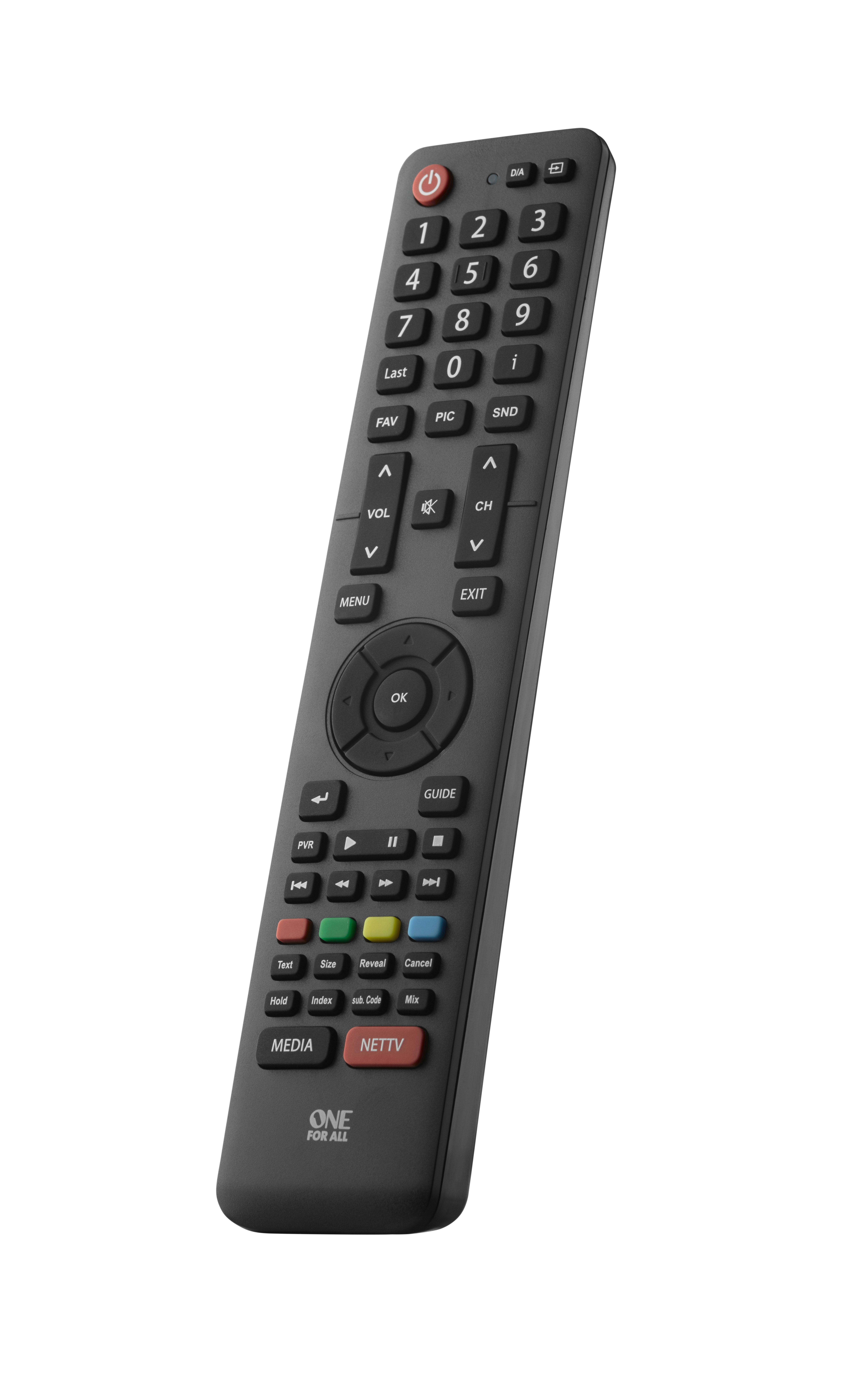 Schwarze TV-Fernbedienung mit vielen Tasten, darunter Zahlen, Lautstärke und Richtungstasten. 'ONE FOR ALL' steht drauf.