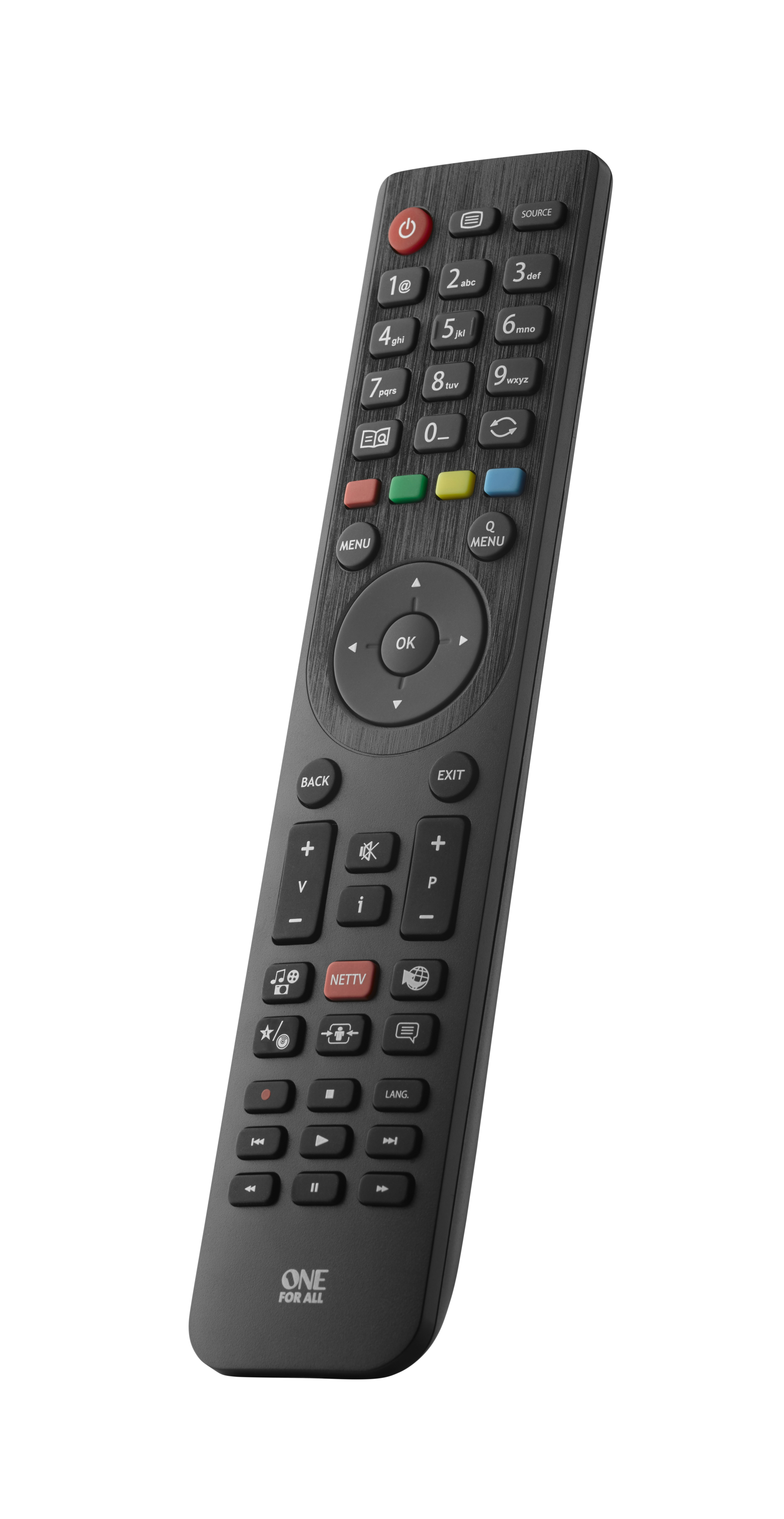 Eine schwarze TV-Fernbedienung mit verschiedenen Tasten, darunter Lautstärke, Kanal und Menü, vor weißem Hintergrund.