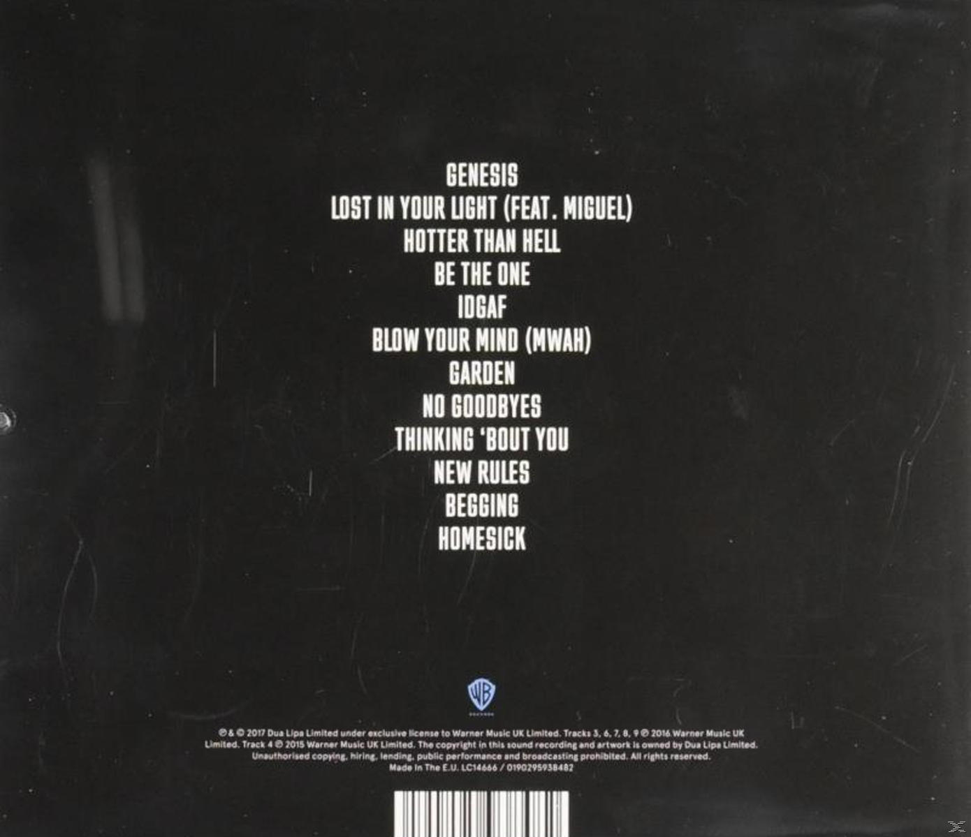 De achterkant van een cd met tracklisting voor Dua Lipa's album. Het staat op een zwarte achtergrond.