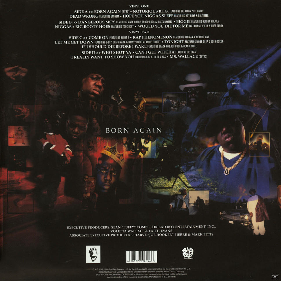 Albumcover mit Porträts von Männern. Text enthält "Born Again" und Künstlernamen. Dunkelblauer Hintergrund.