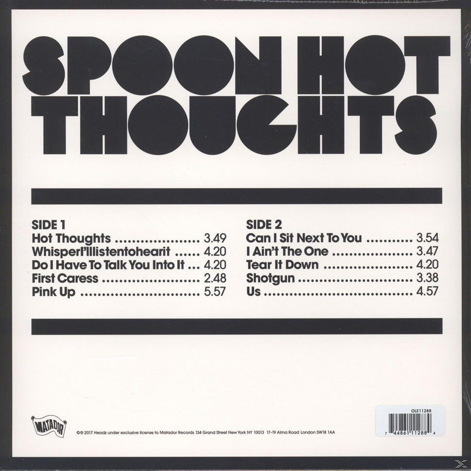 Rückseite des Albums 'Hot Thoughts' von Spoon mit Titelliste und Credits.