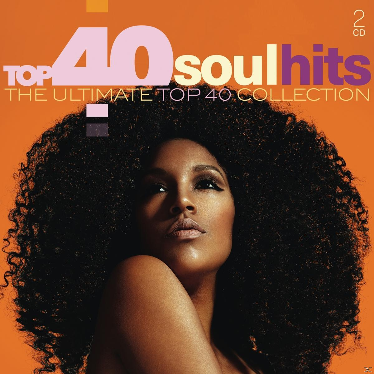 Albumhoes voor "40 Soul Hits". Een vrouw met groot afro-haar kijkt omhoog. Oranje achtergrond met tekst.