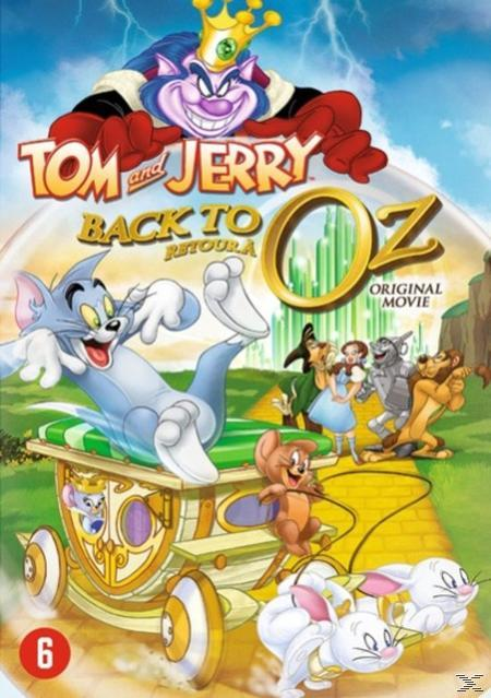Couverture du DVD de Tom et Jerry. Tom et Jerry sur une calèche tirée par des lapins blancs. Personnages de dessins animés et fond.