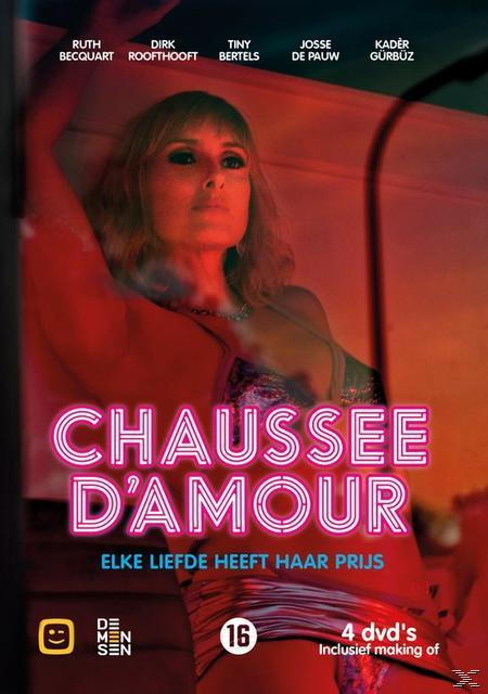 Couverture DVD de 'Chaussée d'Amour'. Elle montre une femme en lumière rouge, avec le titre du film en néon.