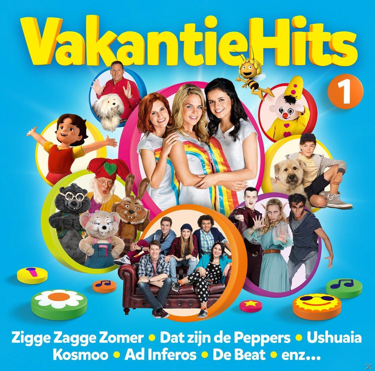 Pochette d'album avec un groupe de personnes, des personnages de dessins animés et les mots 'VakantieHits'.