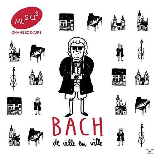 Illustration d'un homme avec un appareil photo entouré d'instruments de musique et de bâtiments.