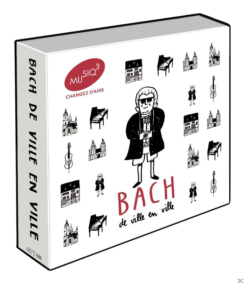 Illustration de la boîte de 'Bach de Ville en Ville'. Comprend un dessin d'un homme, des bâtiments et des instruments de musique.