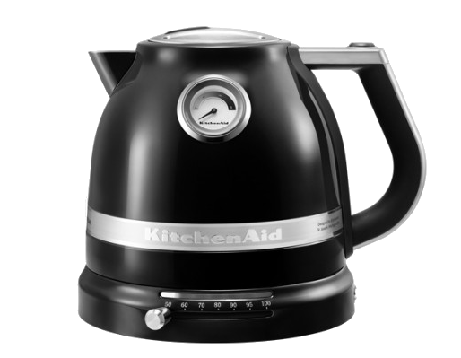 Egy fekete KitchenAid elektromos vízforraló, tetején hőmérsékletmérővel.