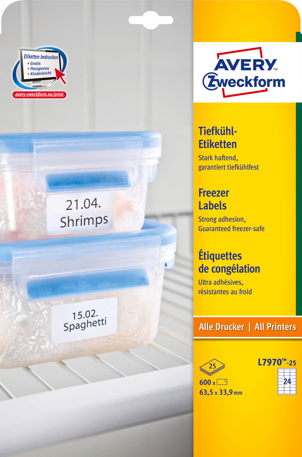 ZWECKFORM 33,9 mm 63,5 63,5 / Bogen Tiefkühl-Etiketten L7970-25 x 600 Etiketten AVERY x 25 mm 33,9 A4