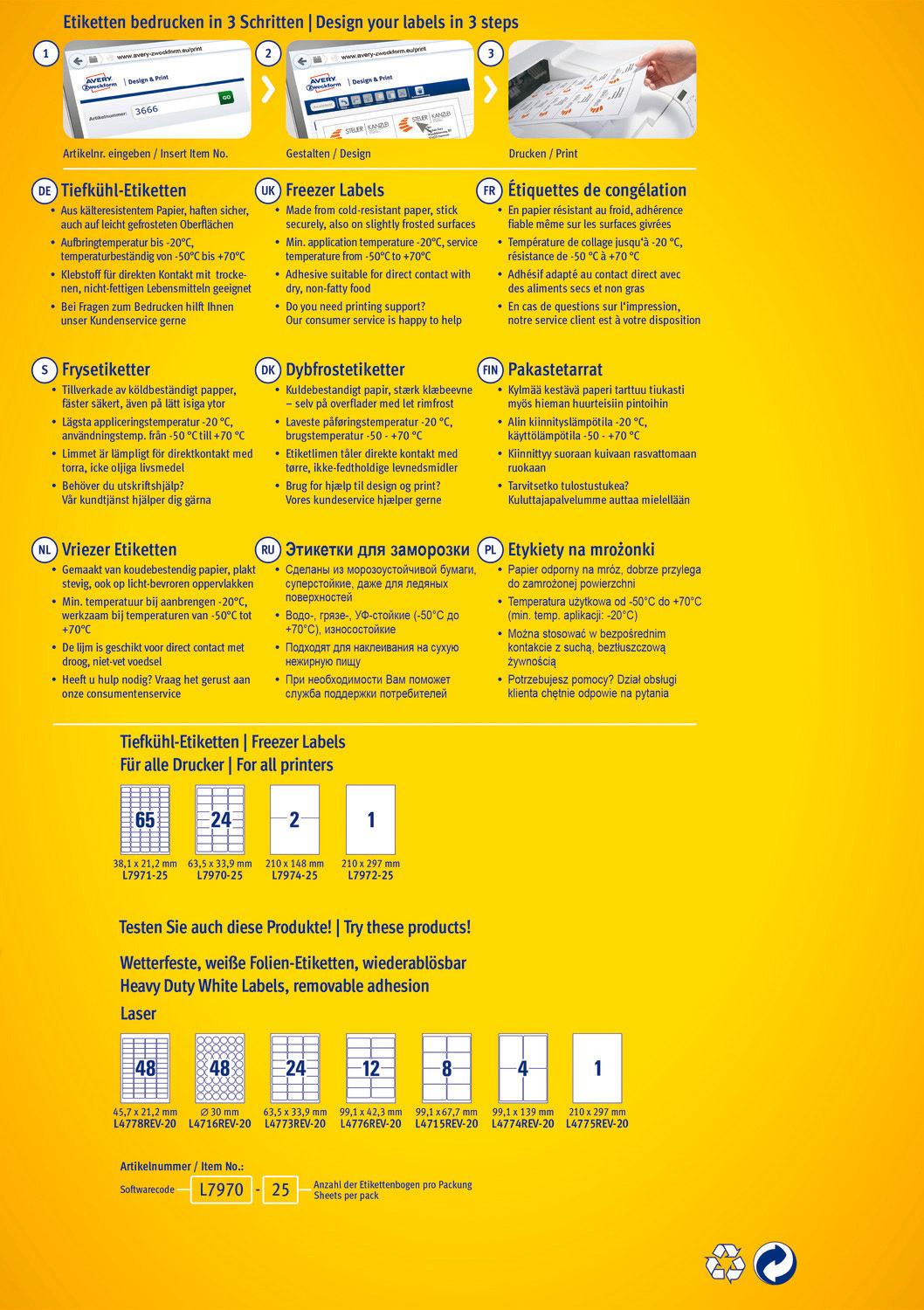ZWECKFORM 63,5 AVERY L7970-25 x 33,9 x 25 A4 600 / Tiefkühl-Etiketten 33,9 mm 63,5 Etiketten mm Bogen