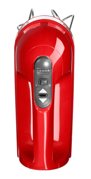 Piros kézi mixer. A mixer fehér háttér előtt van. A sebességszabályzó középen van.