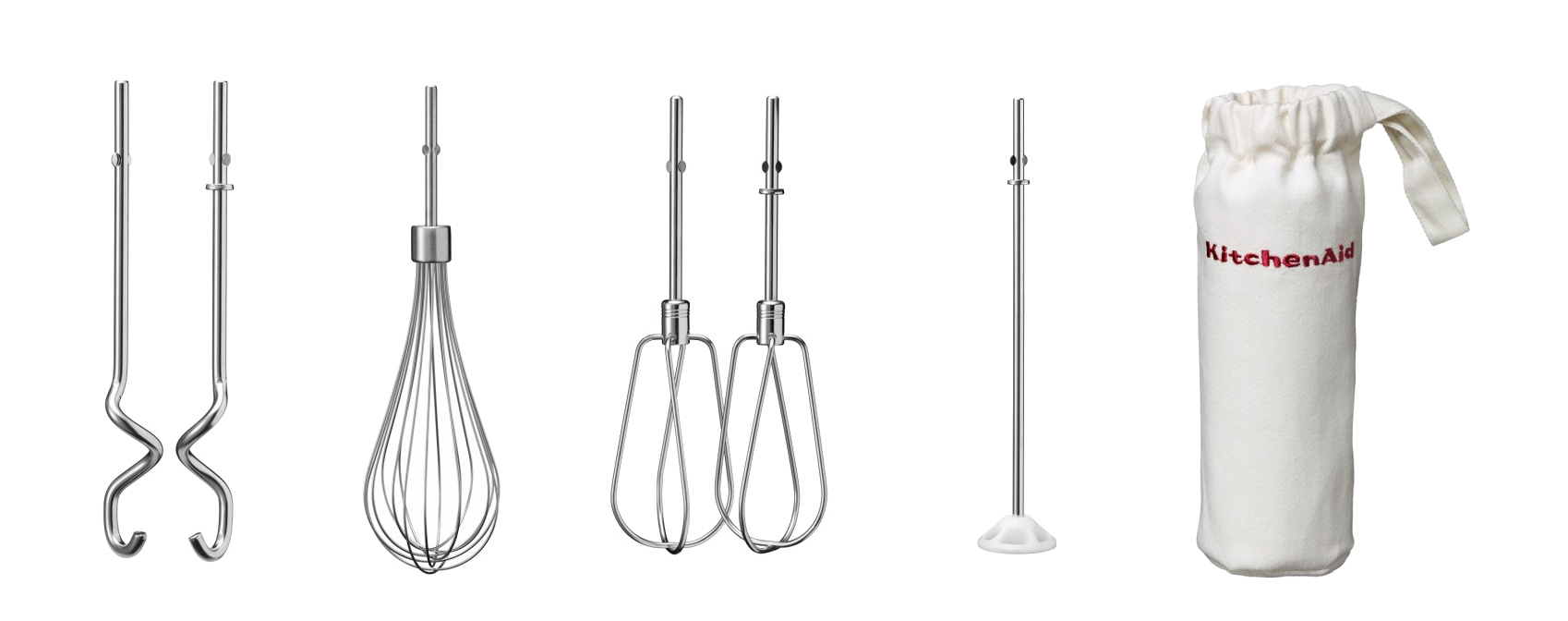 KitchenAid mixer tartozékok, beleértve a habverőt, a keverőket és egy tárolótáskát.