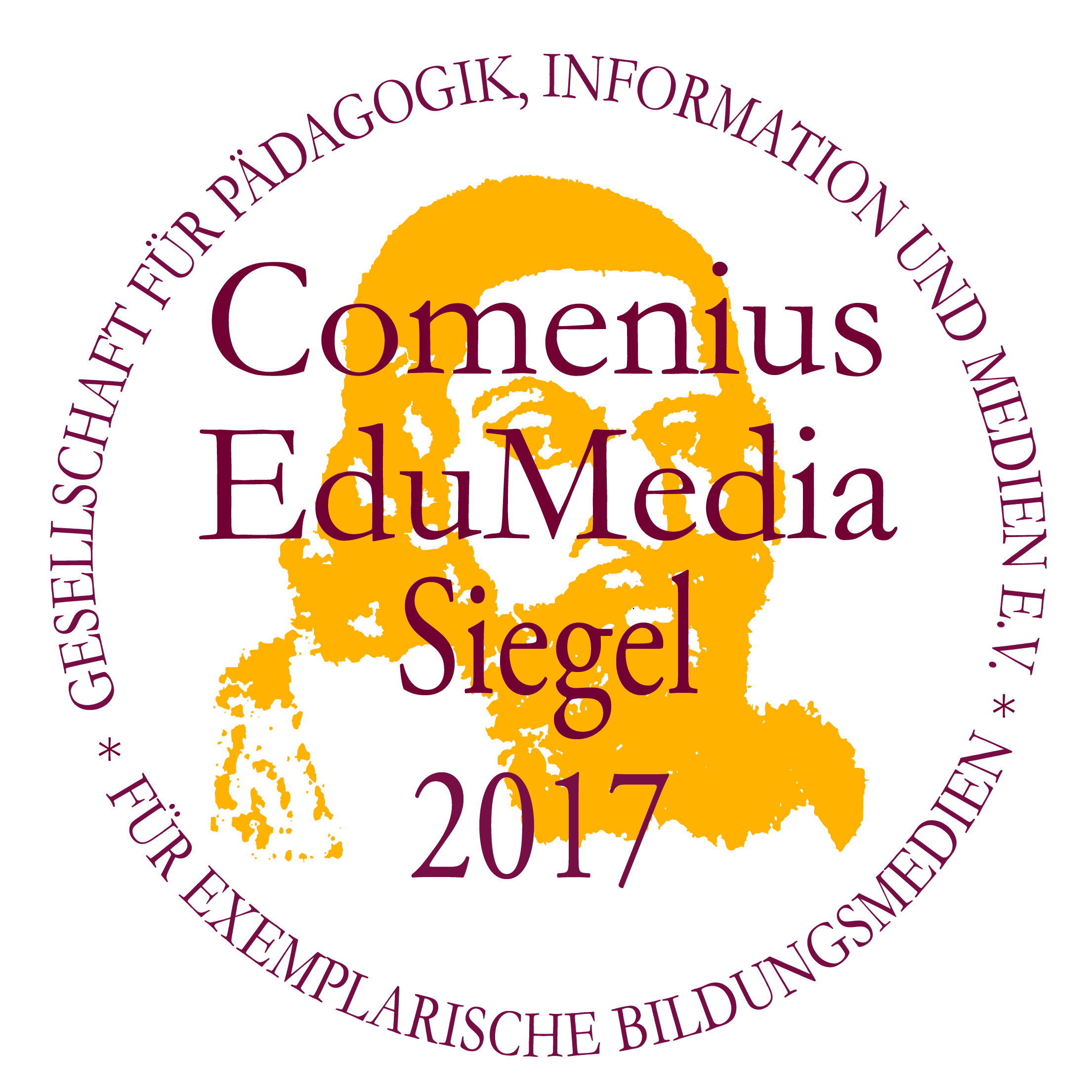 Gelber Kreis mit Text in Ringform. Text: Comenius EduMedia Siegel 2017.