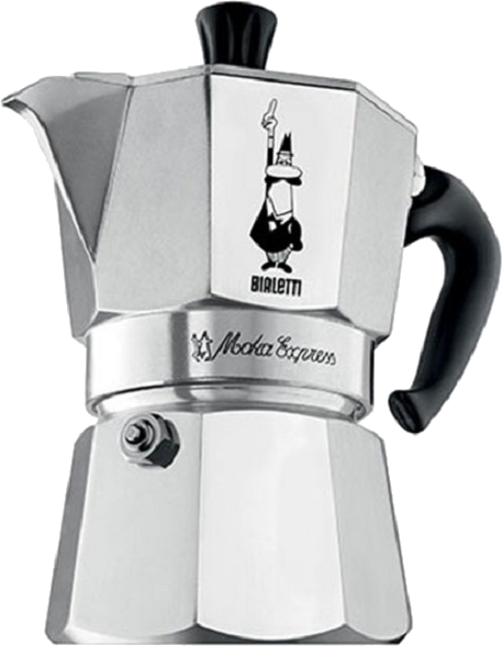 Ezüst és fekete Bialetti Moka Express kávéfőző, Bialetti logóval és fekete fogantyúval.