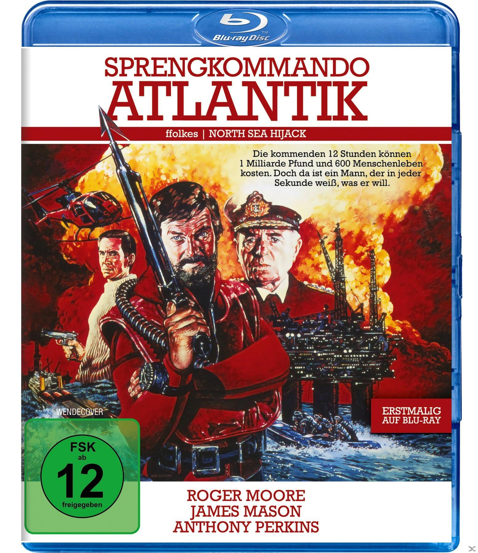 Filmposter für "Sprengkommando Atlantik" mit Roger Moore und anderen, mit einer Ölplattform.