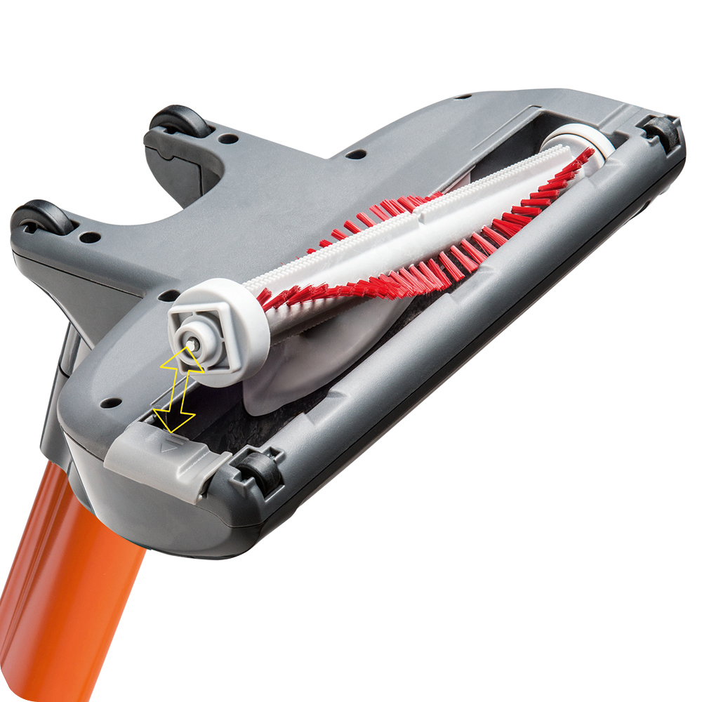 Staubsaugerkopf: grau, orange, mit roter Bürste und kleinen Rädern.