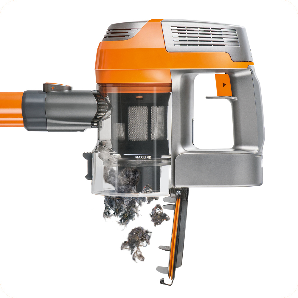 Ein Staubsauger in Orange und Grau, mit sichtbaren Schmutzpartikeln.