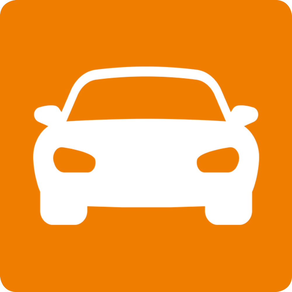 Oranges Quadrat mit einer weißen Autosilhouette, ein Symbol für Autos.
