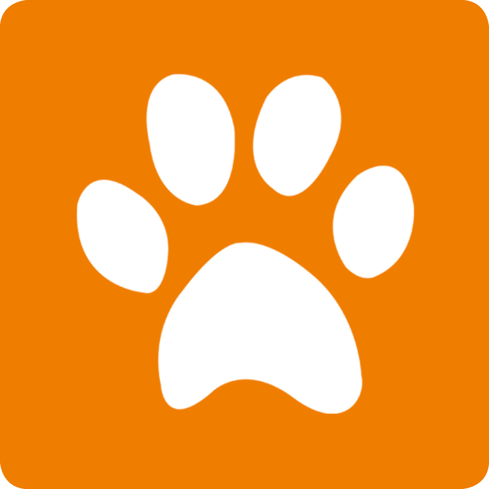 Weißer Pfotenabdruck in einem orangefarbenen Quadrat. Abgerundete Ecken. Einfaches und klares Design.