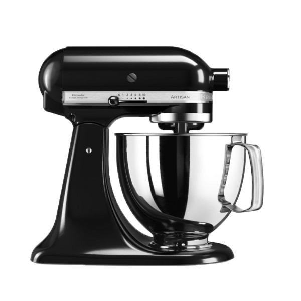 Fekete KitchenAid Artisan robotgép. A tál rozsdamentes acélból, az alap fekete.