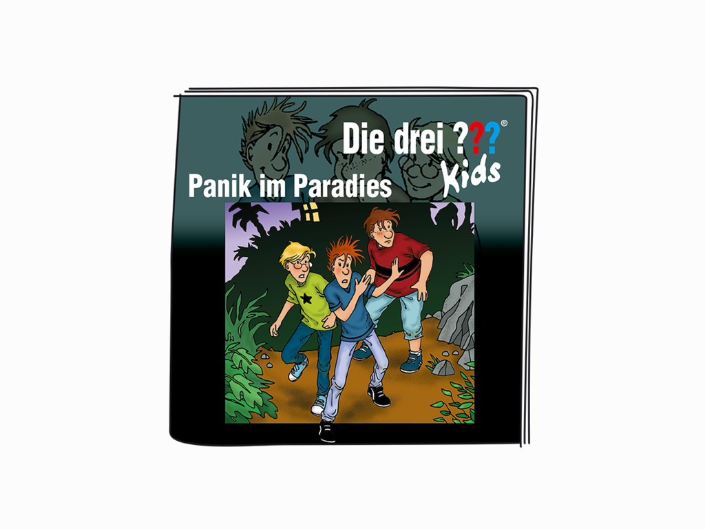 Buchcover: Drei Jungen in einer dschungelartigen Umgebung. Der Titel lautet 'Die drei ??? Kids Panik im Paradies'.