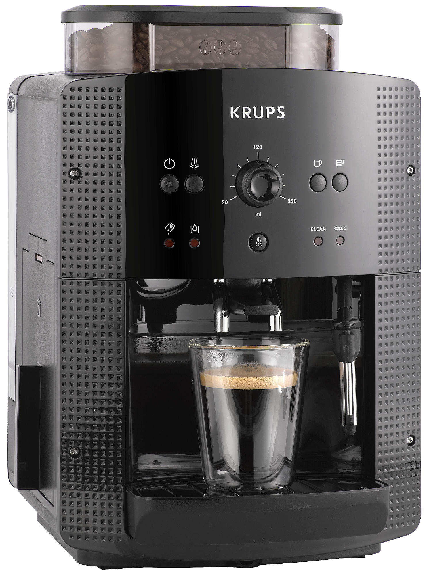 Cafetera Krups negra con un vaso lleno de café y un recipiente para granos encima.