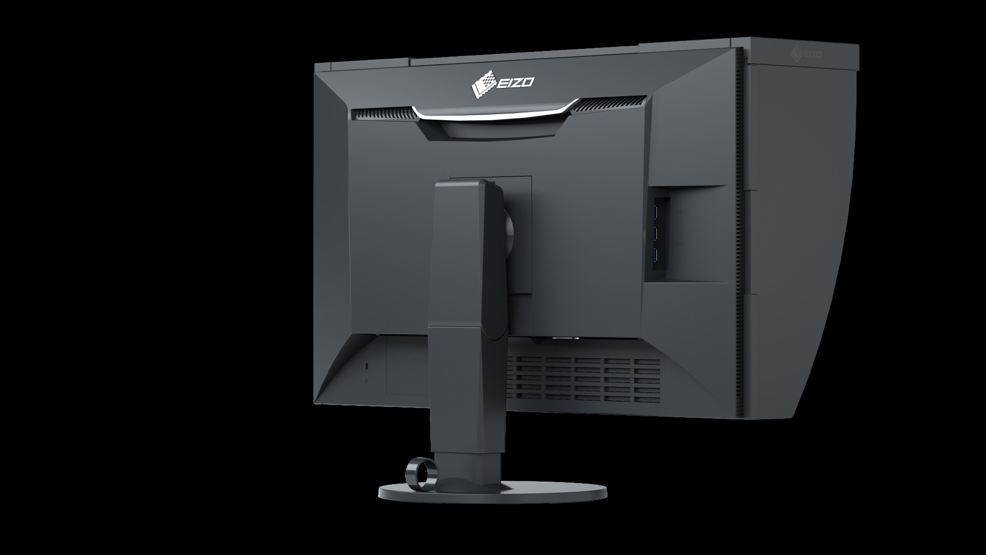 Die Rückseite eines schwarzen EIZO-Monitors mit Anschlüssen und einem Ständer. Der Monitor ist vor schwarzem Hintergrund.