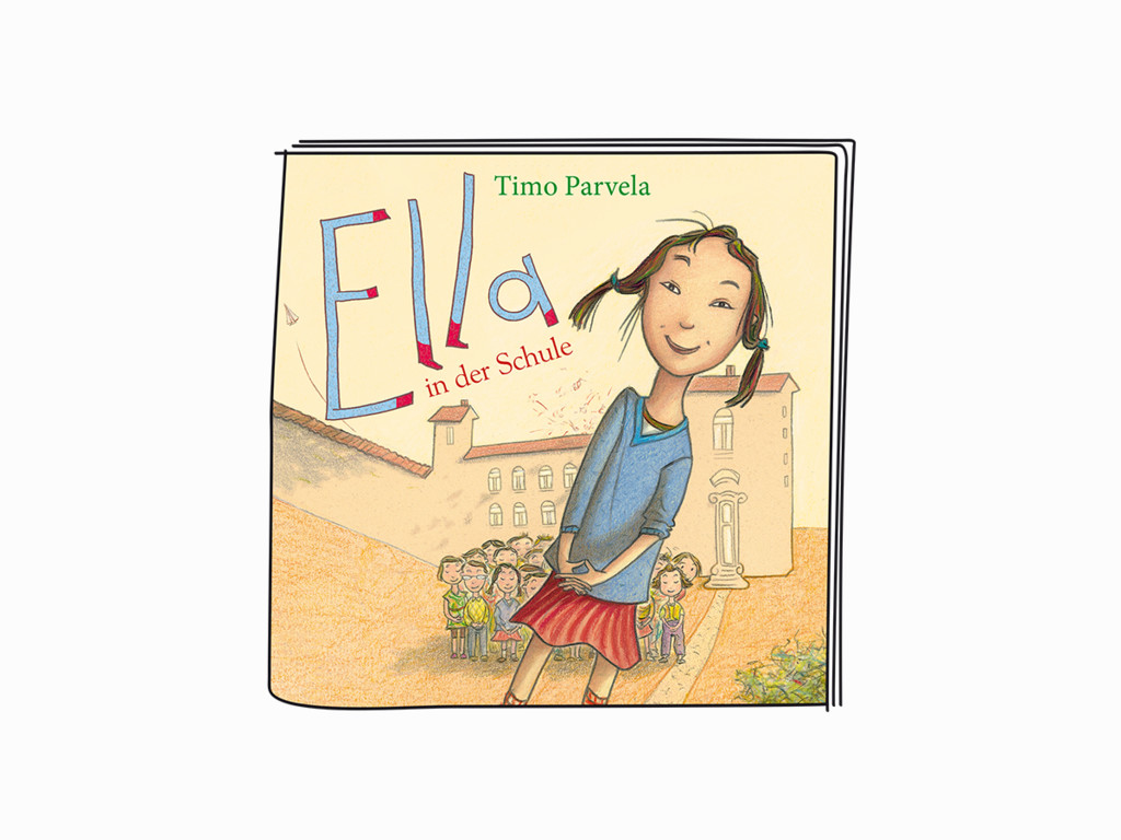 Buchcover für „Ella in der Schule“. Ein Mädchen mit Zöpfen steht vor einem Schulgebäude. Text auf Deutsch.