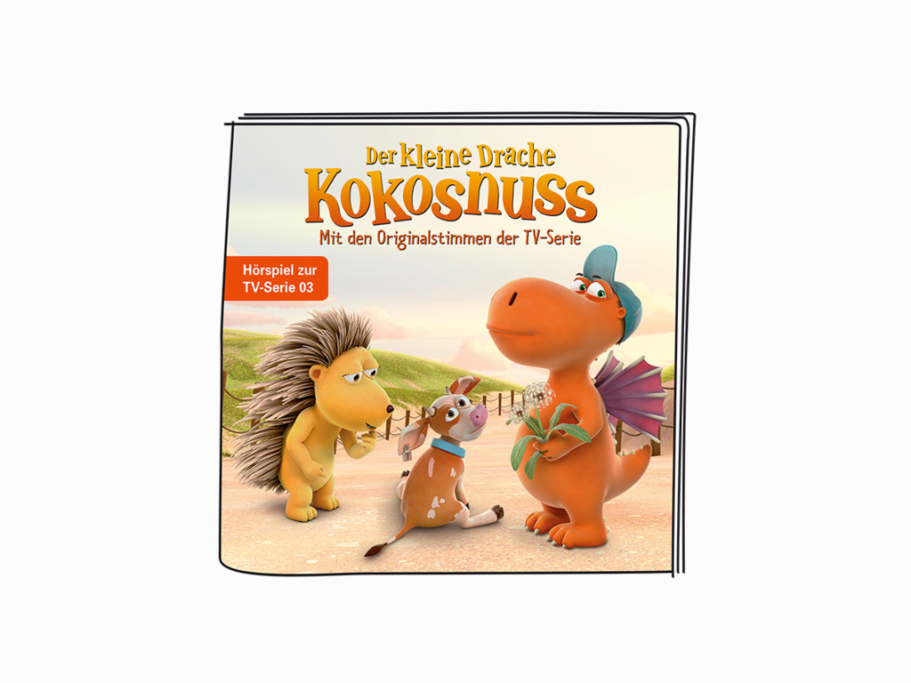Ein Cartoon-Cover mit drei Charakteren: einem Igel, einem Hund und einem Drachen. Der Titel ist 'KOKOSNUSS'.