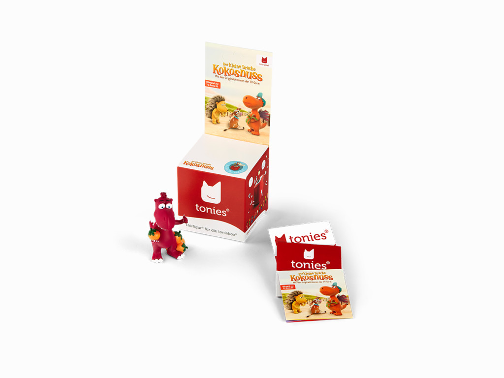 Box mit Spielfigur und Karten, alle mit Cartoon-Bild.