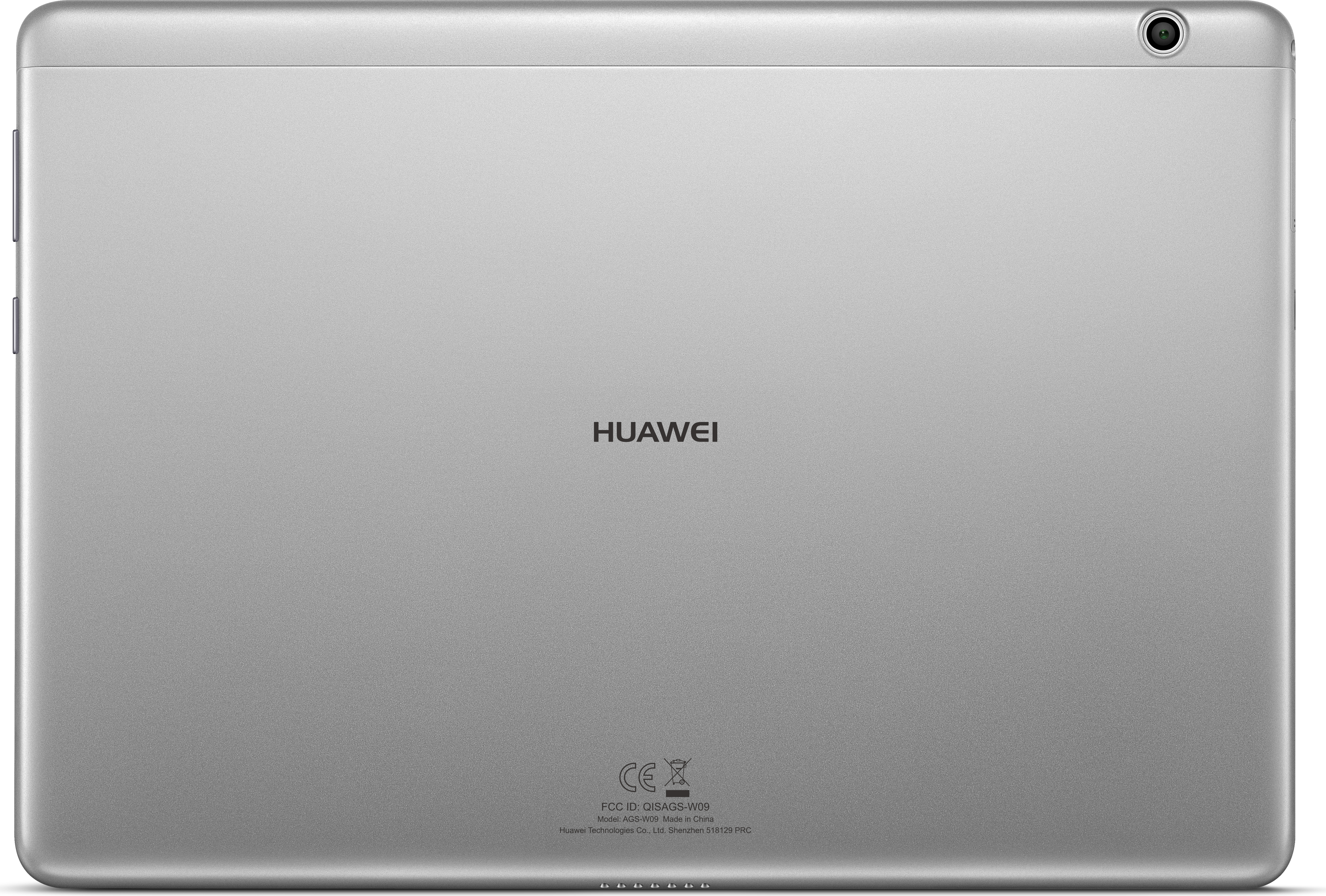 Ezüst tablet a Huawei logóval középen, hátulnézet.