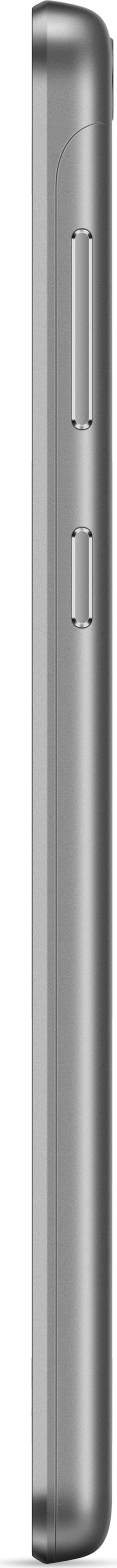 Egy ezüst okostelefon oldalának közeli képe, gombokat mutatva.