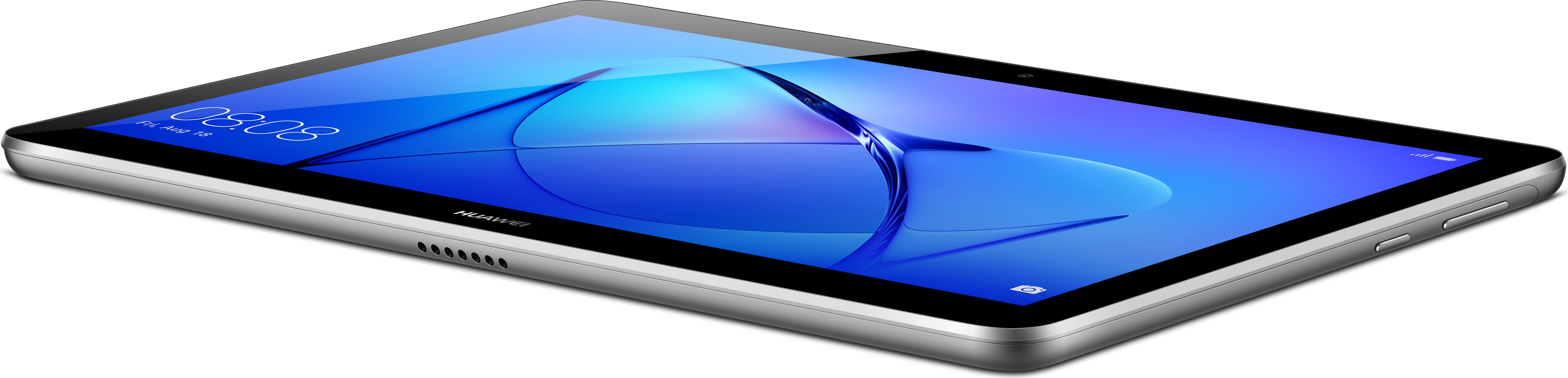 Egy ezüst tablet kék képernyővel, oldalról nézve.